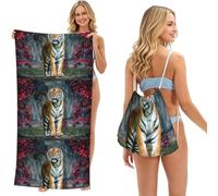 Poadnly The Tiger, 2 in 1 Packable Towel Bag, Beach Towels with Drawstring Backpack for Travel Holiday Camping
