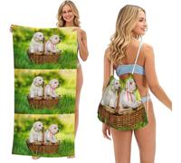 Poadnly Two Dogs In A Basket Printed, 2 in 1 Packable Towel Bag, Beach Towels with Drawstring Backpack for Travel Holiday Camping