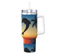 Poadnly Two Dolphins Jumping Shaped Heart,40oz Ice Bully Cup with Handle Lid Straw Stainless Steel Mug Car Coffee Cup