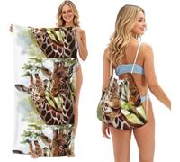 Poadnly Watercolor Deer Giraffe, 2 in 1 Packable Towel Bag, Beach Towels with Drawstring Backpack for Travel Holiday Camping