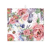 Poadnly Watercolor Horse Roses Flowers, Dish Drying Mats, Sink Mat Absorbent Dish Drainer Mat For Kitchen Counter 41x46 cm