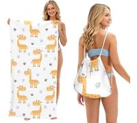 Poadnly White Animal Giraffe, 2 in 1 Packable Towel Bag, Beach Towels with Drawstring Backpack for Travel Holiday Camping