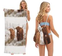 Poadnly Winter Snow Scottish Highland Cow, 2 in 1 Packable Towel Bag, Beach Towels with Drawstring Backpack for Travel Holiday Camping