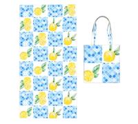 Poadnly Yellow Lemon Blue Plaid, 2 in 1 Packable Towel Bag, Beach Towels with Tote Bag for Travel Holiday Camping
