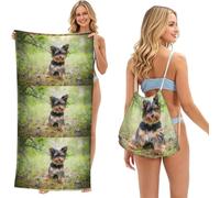 Poadnly Yorkshire Terrier Little Puppy Pets Dogs, 2 in 1 Packable Towel Bag, Beach Towels with Drawstring Backpack for Travel Holiday Camping