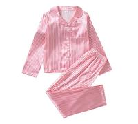 Poamen girls pyjamas 4-5 years Girls Pyjamas Set Button-up Silk Satin Pajamas Stripe Print Sleepwear 2 Pieces Clothes girls' nighties(Red,12 Years)