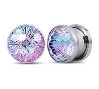 POBAISITER 2PCS Stainless Steel Ear Gauges Chrysanthemum Cut Round Cubic Zirconia Ear Plugs Fruit green Pink Gold and Silver gradient color Ear Gauge Tunnels Size 2g to 12mm Screw Fit Expander