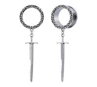 POBAISITER 2PCS Viking Carved Gauges For Ears Vintage Sword Gauge Earrings Screw Fit Expander Stretcher Dangle Tunnels for Women Men Body Piercing Jewelry