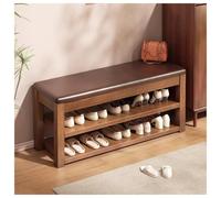 Pobbycrafm Shoe Storage Bench, Storage Benches with Leather Seat Cushion, Two-Tier Solid Wood Padded Bench for Hallways, Living Rooms, or Bedrooms, Brown 100x30x46cm