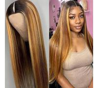 Pobokix Highlight:Ombre V Part Human Hair Wigs Straight Balayage Blonde V Part Human Hair 180% Density Glueless Clip in Half Wig 20