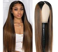 Pobokix Highlight Ombre V Part Wig Human Hair Straight U Part Wig 180% Density Glueless Full Head Clip Half Wig 16 Inch FB30 Color