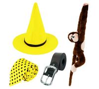 Poboola Curious Man In The Yellow Hat Costume Accessories Kit Halloween World Book Day Polka Dot Tie Stuffed Monkey Belt Cosplay Adult