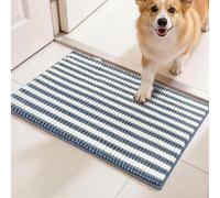pobopobo Dog Door Mat for Muddy Paws - Absorbent & Washable Chenille Rug, Non-Slip Dirt Trapper for Indoor Outdoor Entryway, Quick Dry Pet Mat for Muddy Dogs (Striped Gray-Blue&White, 30" x 18")