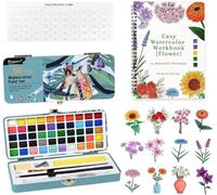 pobuu 50 Colors Watercolour Workbook for Beginners with Paint & Paper | Water Colour Paint Set with Palette & Brushes, Adult Colouring Book with 15 Beautiful Flower Patterns of Original DIY Designs