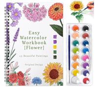 pobuu Watercolour Workbook,15 Flower Patterns of Original DIY Designs,16 Colors Watercolour Paint Set with Brush Palette,Beginner-Friendly Water Colour Workbooks,Water Colouring Book for Adults