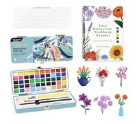 pobuu Watercolour Workbook for Adults,Watercolour Paint Set,15 Different Flower Patterns of Original DIY Designs, 50 Colours Set with Palette and Brush,Water Color Painting for Artists Beginners Gift