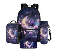 Poceacles 4 Pcs Backpack Set with Pencil Case Lunch Bag Water Bottle Carrier Large Capacity Schoolbag Teen Girls School Bag Stationery Organizer for School Supplies, Violet Butterfly Rose Moon