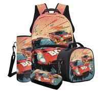 Poceacles 4 PCS Students Backpack Set Stylish School Backpack Set for Boys Teens, Includes Lunch Bag, Pencil Case, Water Bottle Carrier, Schoolbag Rucksack, Race Car Print Red Comic Style