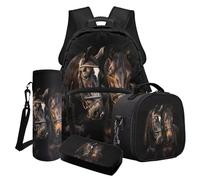 Poceacles 4 PCS Students Backpack Set Stylish School Backpack Set for Teens, Includes Lunch Bag, Pencil Case, Water Bottle Carrier, for Boys Girls, Horse Print Black