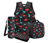 Poceacles 4 Pieces School Backpack Set for Kids Children, with Insulated Lunch Bag Pencil Case Water Bottle Carrier Rucksack, Dinosaur Crack Red Blue
