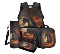 Poceacles 4 Pieces School Backpack Set for Kids Stylish Schoolbag Lunch Box Bag Boys Lightweight Rucksack for School, Black Horse