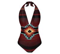 Poceacles Aztec American Native Tribal Pattern Halter Women's V Neck One Piece Tummy Control Swimsuit Tie Back Cut Out Bathing Suit Swimwear, M