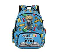 Poceacles Backpacks for Girls Boys Teens School Bookbag Travel Daypack Elementary Kids Backpack with Padded Adjustable Straps, Cartoon Stationery Pattern Just A Boy That Loves To Read Print