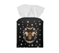 Poceacles Black Bee Daisy Tissue Box Cover Square with Bottom Belt, PU Leather Cube Tissue Box Holder Decorative for Bathroom/Night Stands/Office Desk