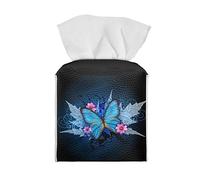 Poceacles Blue Butterfly Flower Tissue Box Cover, Leather Holder with Bottom Belt, Square Organizer Dispenser Cube Covers for Home/Office/Bathroom