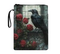 Poceacles Book Pouch Sleeve with Zipper Washable Fabric Book Covers for Paperbacks Hardcover Notebook Bible Journal Textbooks, Raven Rose Pattern