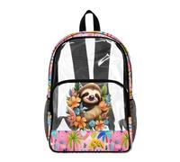 Poceacles Boys Girls Transparent Backpack Kids Teens Clear Bag PVC See Through School Bag Bookbag Transparent Daypack for Stadium Travel School, Sloth Tropical Flower Palm Tree Pink