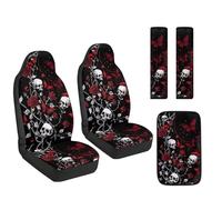 Poceacles Car Seat Covers Set of 5 PU Leather Auto Front Seats Protector Car Seat Belt Cover Center Console Cushion Pad for Vans Trucks SUVs Decor, Gothic Skull Rose Red Black