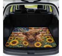 Poceacles Car Trunk Mat Decorative Printed Cargo Mat All Weather Non Slip Trunk Liner Universal Fit Auto Interior Accessories for Most Cars SUVs Trucks, Highland Cow American Flag Sunflower