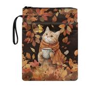 Poceacles Cat Coffee Butterfly Autumn Leaf Book Sleeve with Pockets Washable Fabric Paperback Book Cover Pouch Protector with Zipper for Hardcover Textbook, 29 x 22 cm