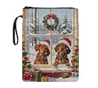 Poceacles Christmas Book Sleeve with Pockets Washable Fabric Paperback Book Cover Pouch Protector with Zipper for Hardcover Textbook, 29 x 22 cm, Dachshund Dog Christmas Wreath Pattern
