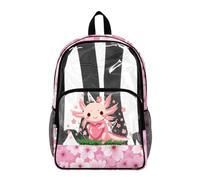 Poceacles Clear Backpack for Kids Elementary Middle School Bookbag Transparent PVC Bookbag Rucksack See Through Backpack for Stadium Concert, Pink Axolotl Cherry Blossom