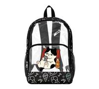 Poceacles Clear Bookbag for Girls Boys Transparent Backpack See Through School Daypack PVC Heavy Duty Unisex School Backpack for Teens Kids, Cartoon Cat Ice Cream Print Black