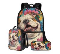 Poceacles English Bulldog Print Boys School Backpack With Lunch Bag Pencil Case Set of 3 Pack School Bookbag Zipper Pencil Case Reusable Bento Lunch Box for Middle School Girls Gifts