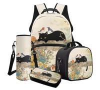 Poceacles Kids Backpack Set 4 in 1 School Rucksack Set with Thermal Lunch Bag Water Bottle Carrier Pencil Case Schoolbag for Boys Girls Teenager, Black Cat Bird Morning Glory Flower