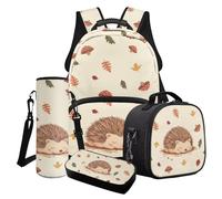 Poceacles Kids Backpack Set 4 Pieces Boys Girls Schoolbag Primary Junior Middle School Bookbag Rucksack Lunch Box Bag Pen Case, Hedgehog Fall Leaves Mushroom Light Beige