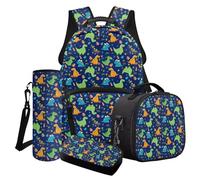 Poceacles Kids Backpack Set for School, Includes Schoolbag with Front Pocket, Insulated Lunch Bag, Pencil Case, Water Bottle Holder for Girls Boys, Cartoon Dinosaur Blue