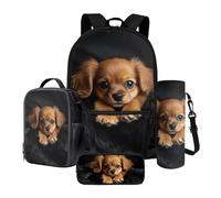 Poceacles Kids School Bag 4 Piece Set with Kawaii Puppy Backpack Lunch Box Bag Pen Case Water Bottle Carrier, Large Storage, Easy to Clean, Lightweight Rucksack for Boys Girls, Cute Dog Black