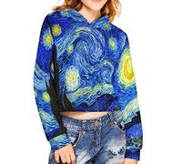 Poceacles Night Sky Hoodies Blue Kids Crop Tops for Girls 9-10 Van Gogh Starry Night Print Sweatshirt Sweatshirt Long Sleeve Shirt Active Pullover Tops Fall Clothing Outfits for Youth