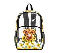 Poceacles PVC School Bag for Kids Clear Daypack Transparent Backpack See Through Bookbag Stylish Clear Bag with Front Pocket for Boys Girls, Highland Cow Sunflower Yellow White