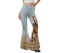 Poceacles Running Horse Print Women's Yoga Pants High Waisted Grey Flare Leggings V Crossover Bell Bottoms Bootcut Sweatpants Stretch Trousers, M