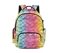 Poceacles School Bag for Kids Elementary School Backpack with Laptop Compartment Book Bag Teens Girls Boys Casual Daypack with Front Zipper Pocket, Mermaid Scales Print Rainbow Gradient