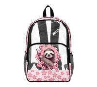 Poceacles See Through Backpack for Kids Clear Transparent School Bookbag Stylish Design PVC Daypack with Side Pockets for Elementary Middle School, Sloth Pink Flower