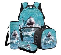 Poceacles Student Backpack Set for School Travel, 4-Piece Sets Including Lightweight Rucksack, Lunch Bag, Pencil Case, Water Bottle Bag, Shark Blue Wood Grain Sea Wave