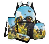 Poceacles Student Backpack Set School Travel Schoolbag 4-Piece Sets Including Rucksack Lunch Bag, Pencil Case, Bottle Bag, Comfort Breathable Backpack for Kids, Dachshund Dog Sunflower Butterfly