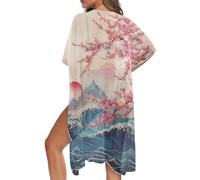 Poceacles Summer Beach Coverup for Women Swimsuit Kimono Flowy Beach Cover Up Soft Swimsuit Coverups, Sea Wave Flower Mountain Pattern Beige Japanese Landscape Pattern Oriental Graphic